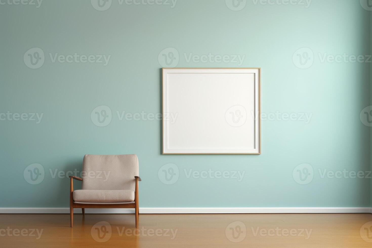 wooden frame with blank white canvas in modern living room, minimalistic, mockup photo