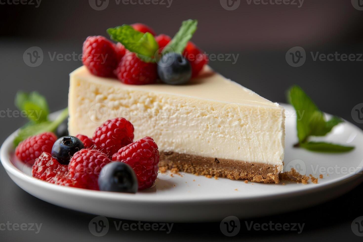 Tasty slice of cheesecake with fruits and nice decoration mint leaf photo