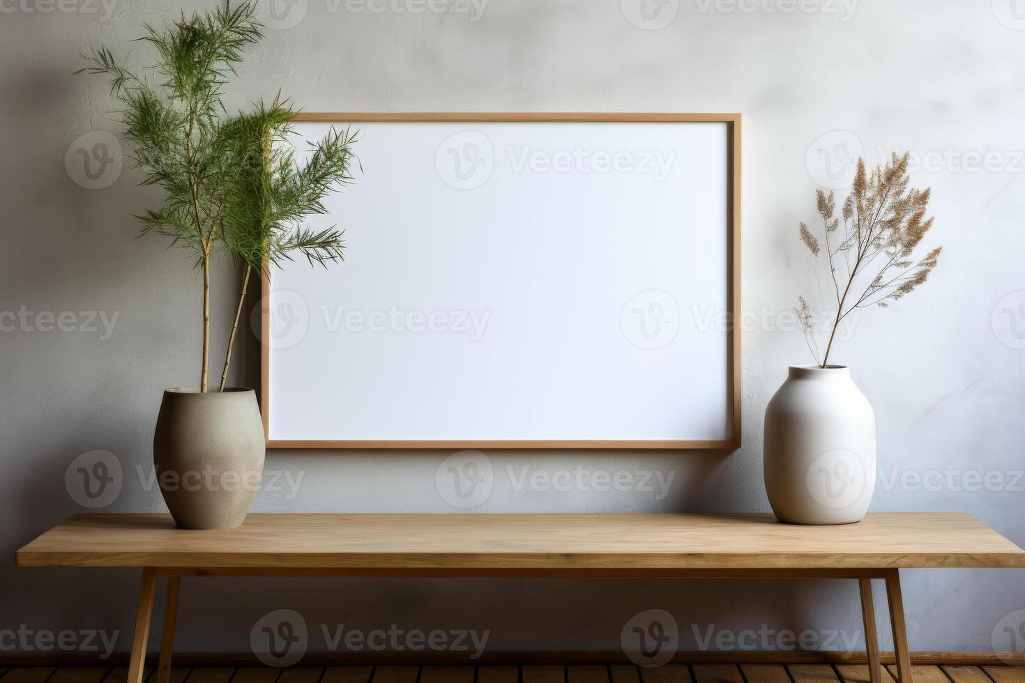 wooden frame with blank white canvas in modern living room, minimalistic, mockup photo