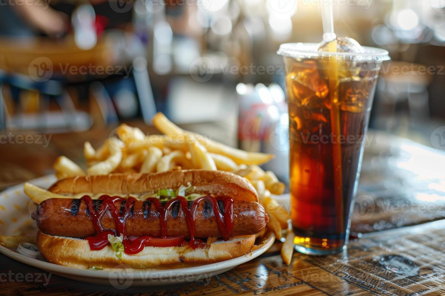Tasty Hotdog with french fries, soft drink on restaurant table created by AI photo
