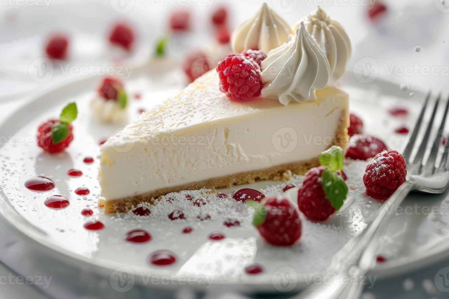 Tasty slice of cheesecake with fruits and nice decoration mint leaf photo