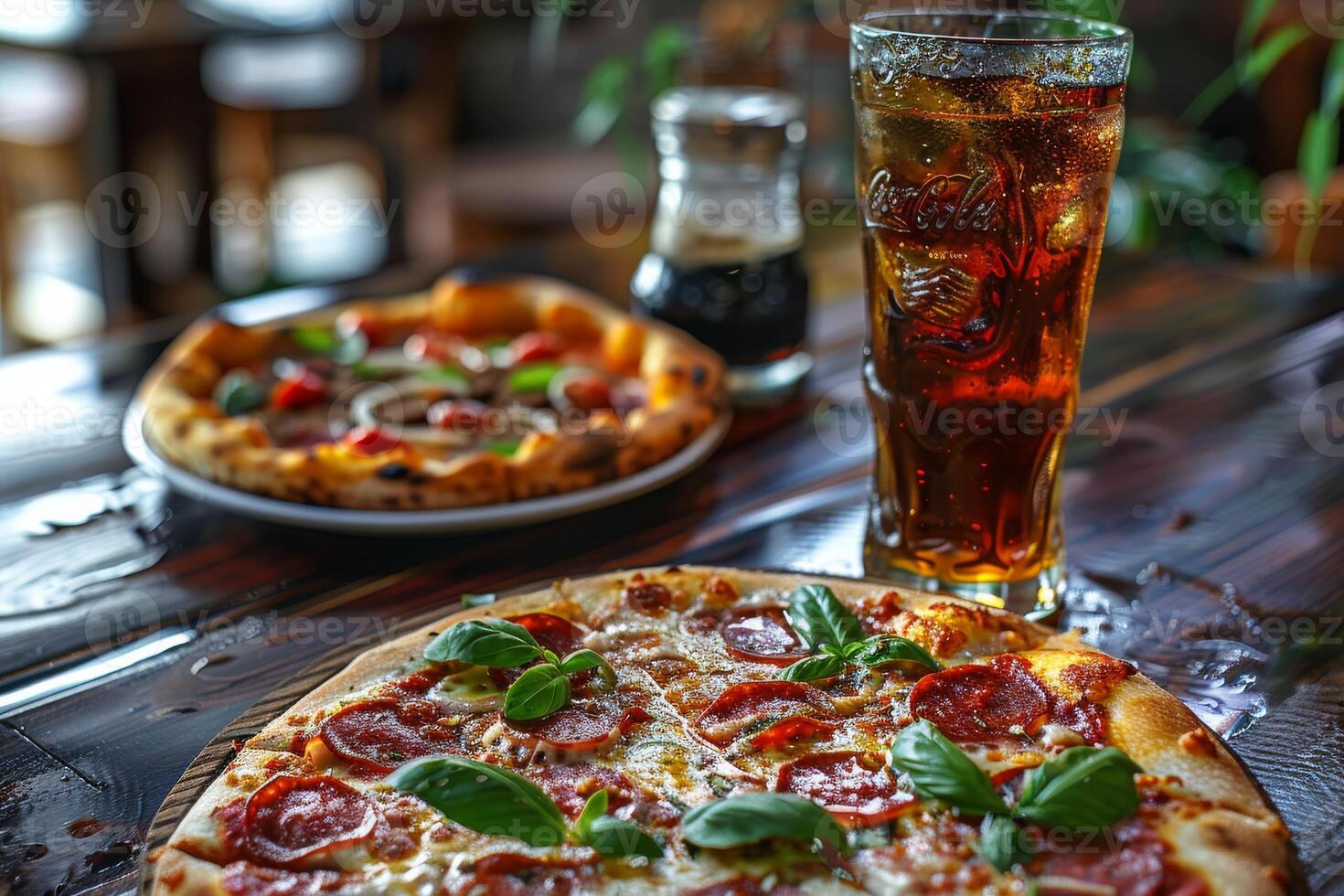 Tasty Salami Pizza with a soft drink on a restaurant table photo