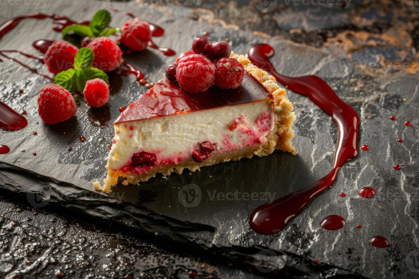 Tasty slice of cheesecake with fruits and nice decoration mint leaf photo