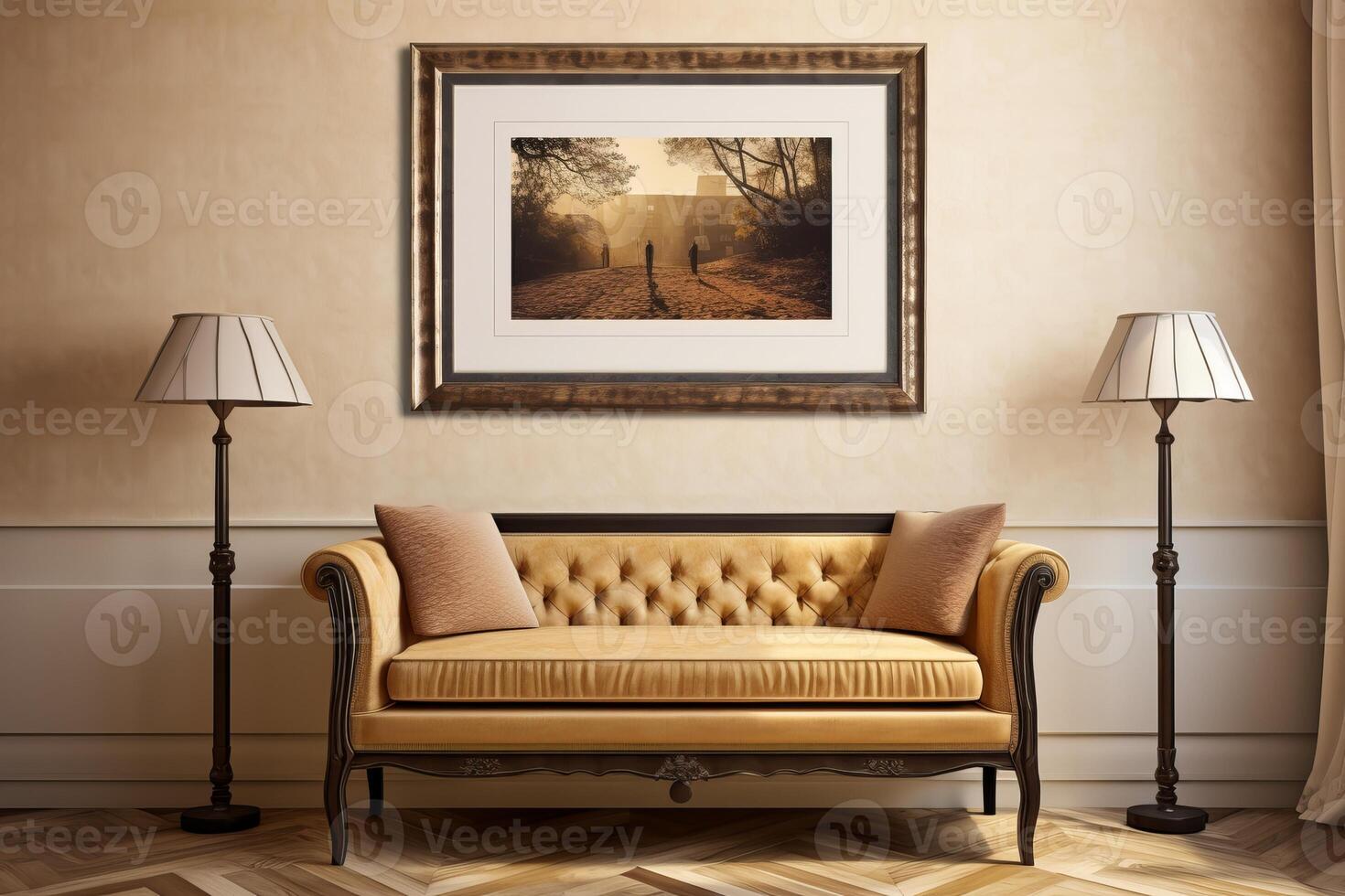 a single picture frame hanging on an wall in vintage living room with couch and lamp photo