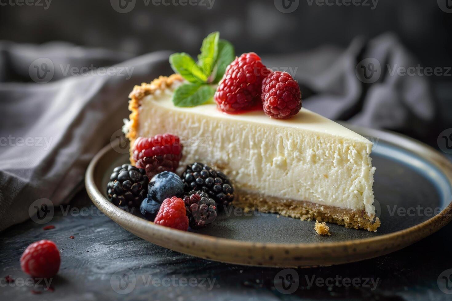 Tasty slice of cheesecake with fruits and nice decoration mint leaf photo