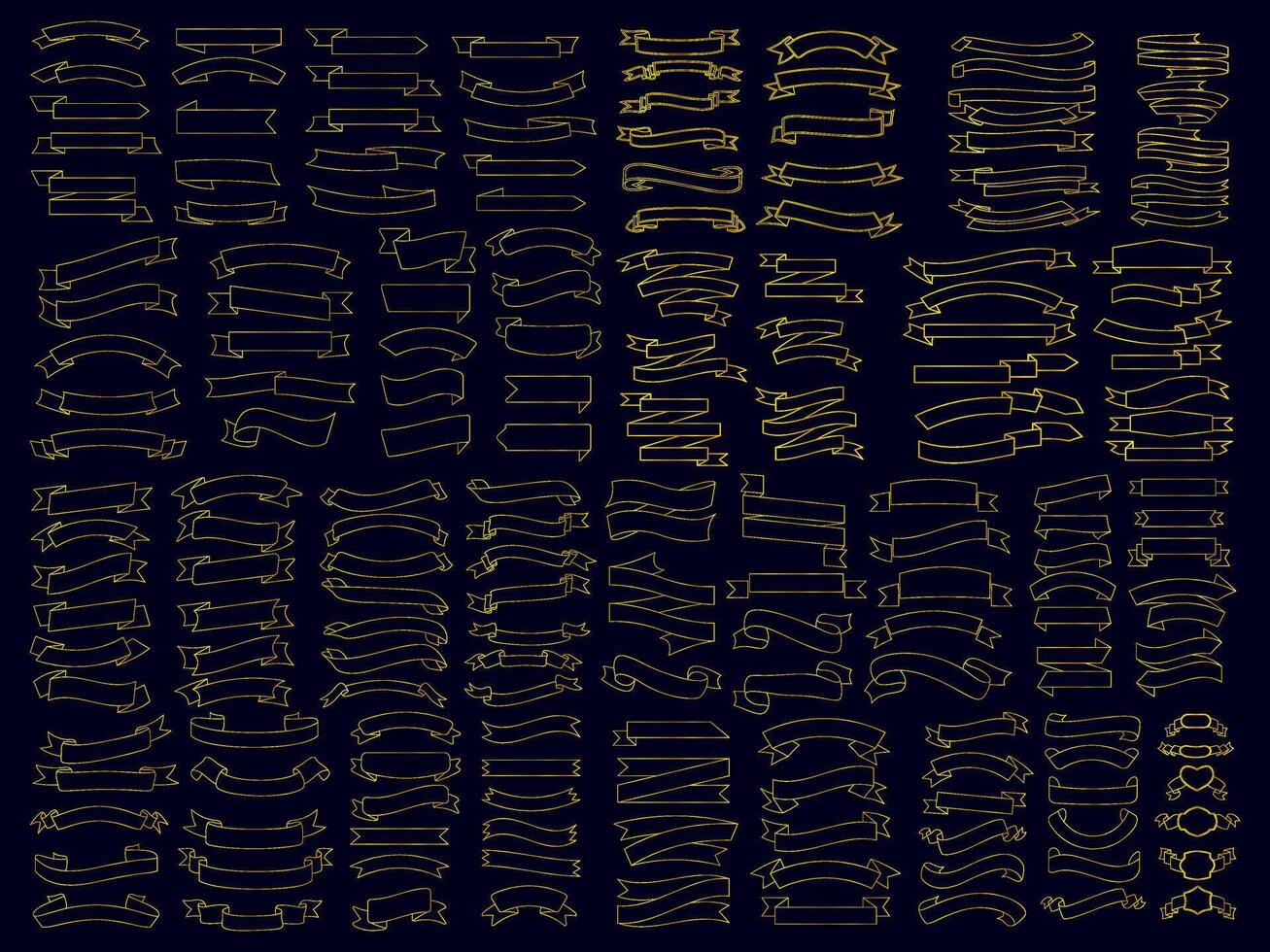 Golden color Ribbon elements. Gold outline modern simple ribbons collection. Flat banner ribbon for decorative design. Ribbons, Banners, badges, Labels Design Elements. vector