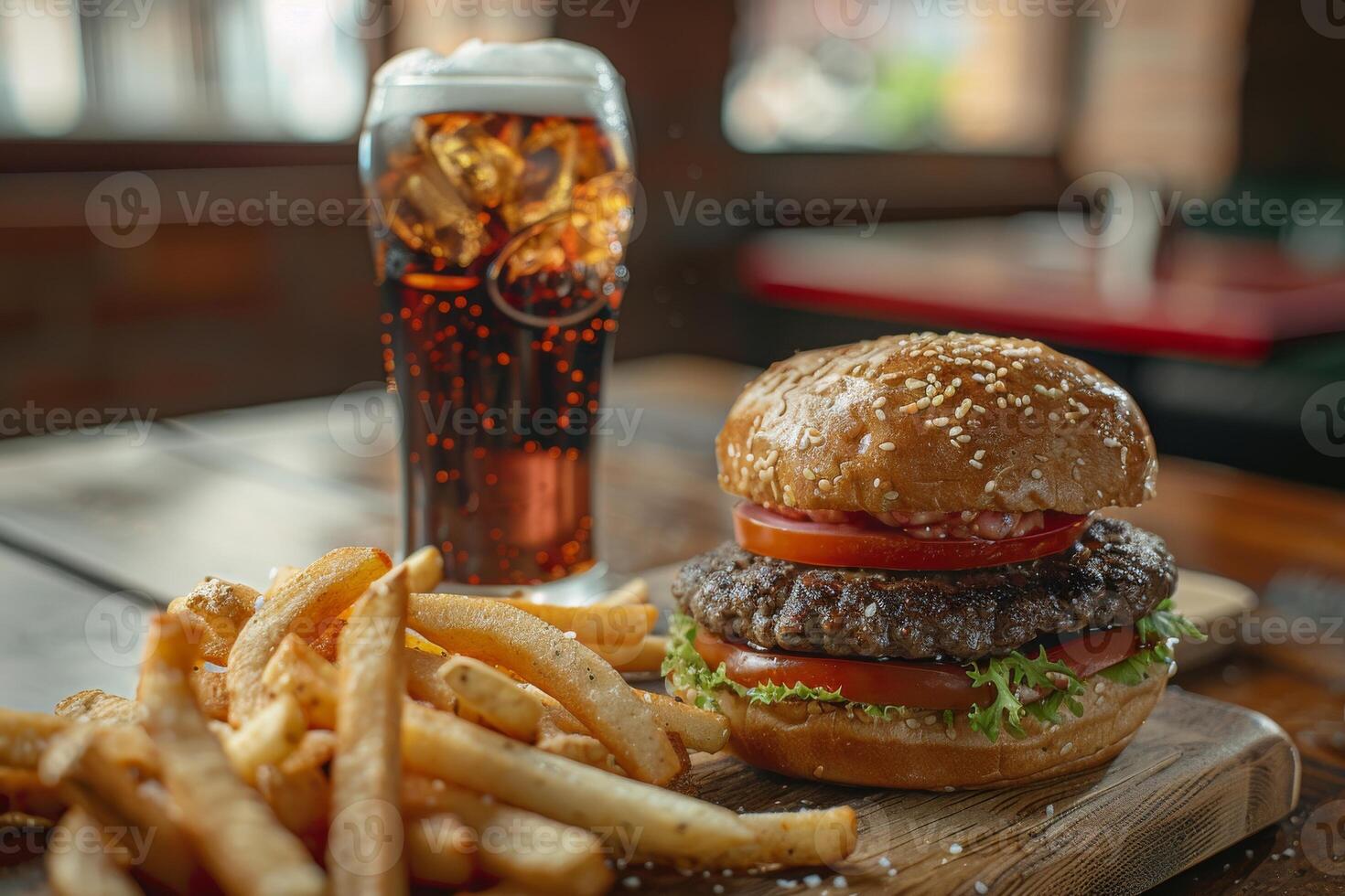 sabroso hamburguesa con francés papas fritas y un Coca foto