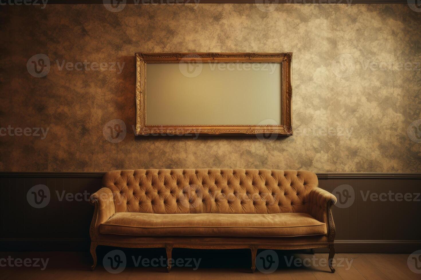 a single picture frame hanging on an wall in vintage living room with couch and lamp photo