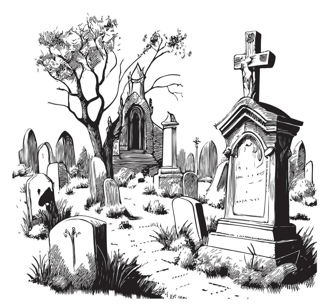 antiguo cementerio mano dibujado bosquejo ilustración vector