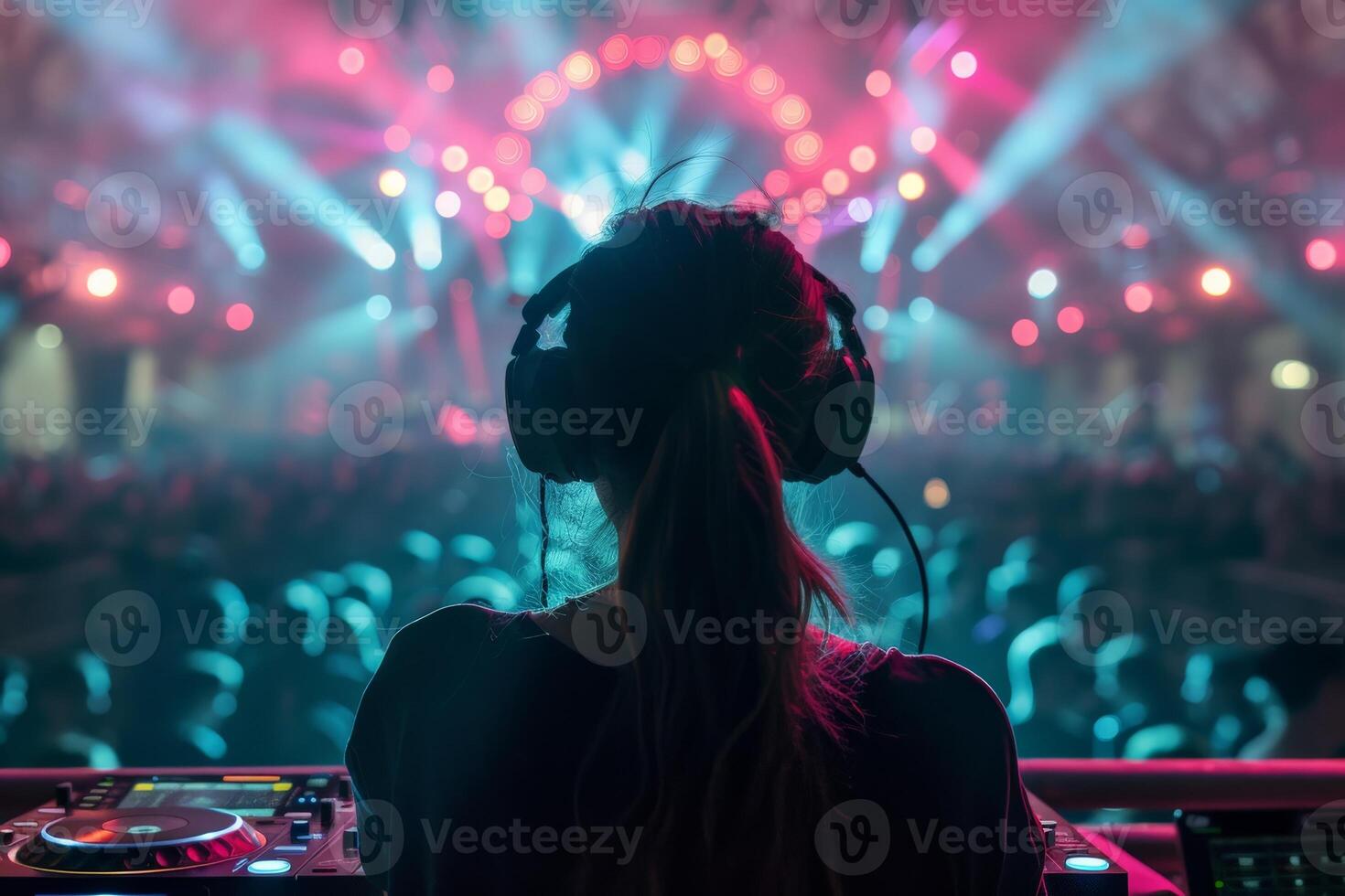 Female DJ on a big rave playing for a big crowd of party people, ravers dancing, big laser show photo