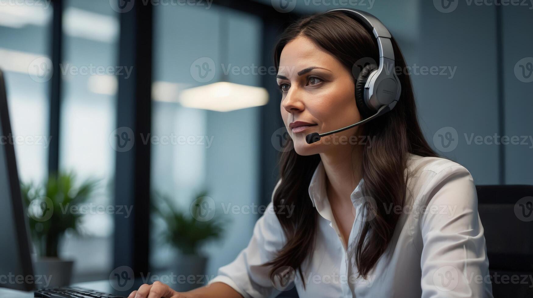 Customer Service Agent female, wearing headset, sitting in modern office photo