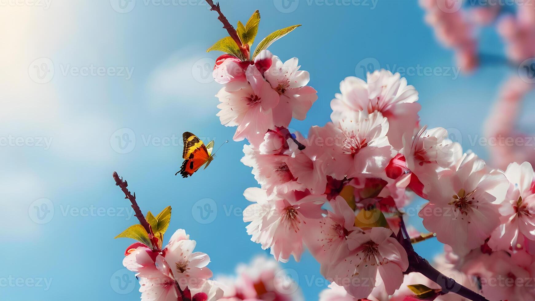 Branches of blossoming cherry on a background of blue sky and butterflies. Pink sakura flowers in springtime. . photo