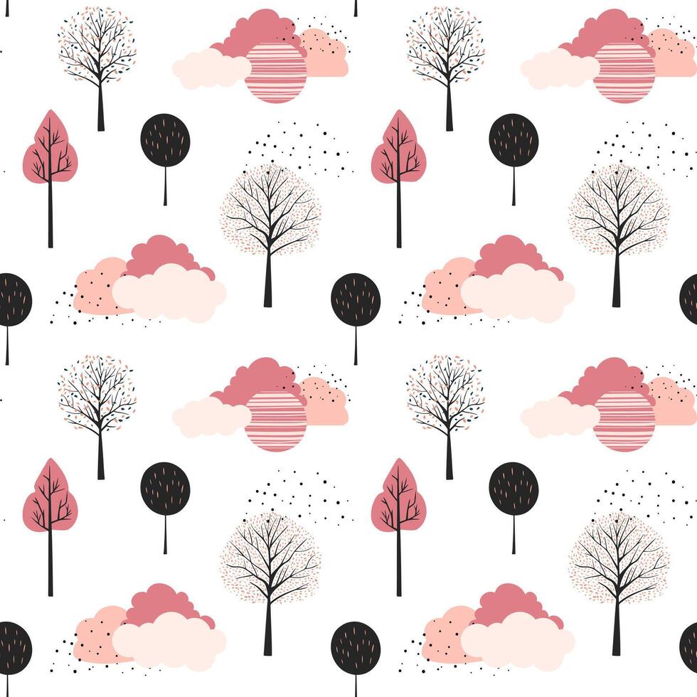 linda arboles sin costura modelo. escandinavo arboles y nubes fondo de pantalla. infantil fantasía antecedentes. vector