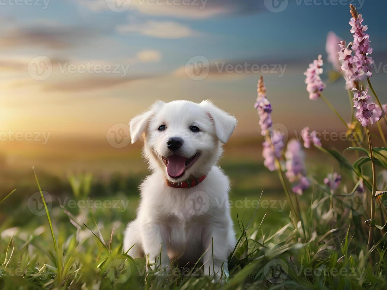 Golden retriever puppy outside in the park on the grass . photo