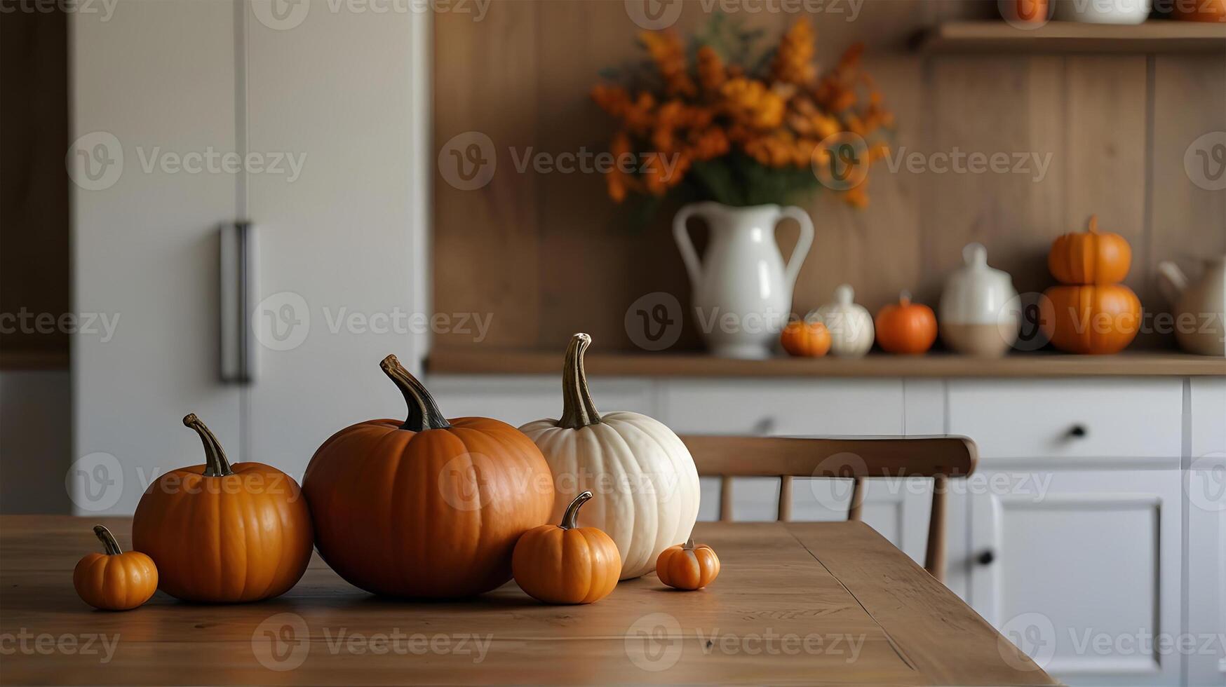 Wooden table and pumpkins, rustic kitchen interior with autumn fall decorations, blurred background.Selective focus and copy space. photo