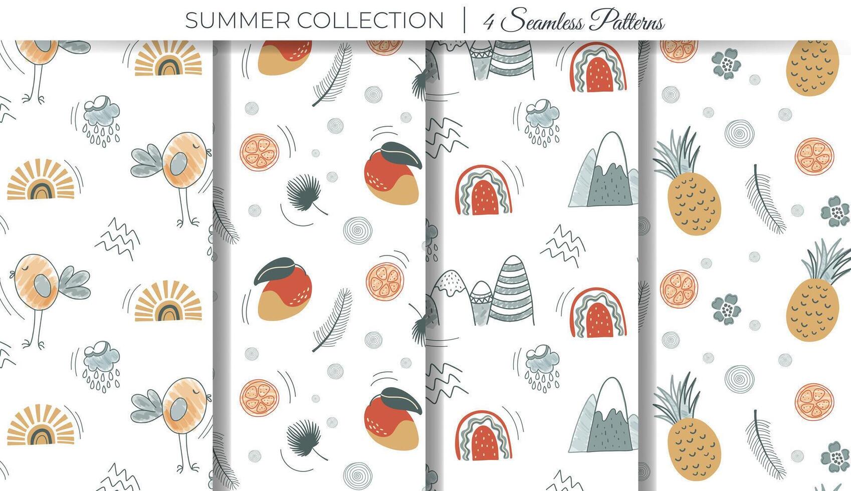 Cute simple summertime patterns. Set of childish doodle backgrounds with rainbow, sun, bird and mango. vector