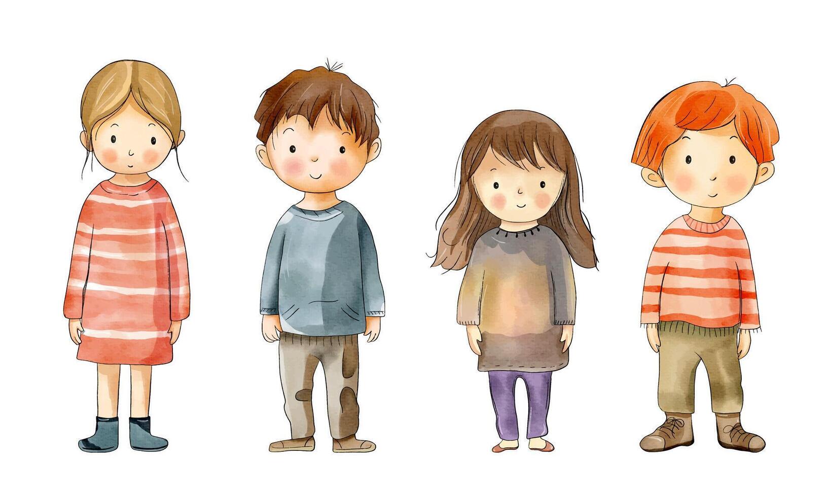 Set of watercolor children standing. Watercolor girl, boy. Cute babies vector