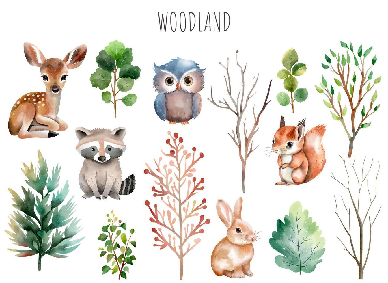 conjunto de salvaje acuarela bosque animales verde arboles y plantas. bosque animales ciervo, búho, liebre, ardilla. vector