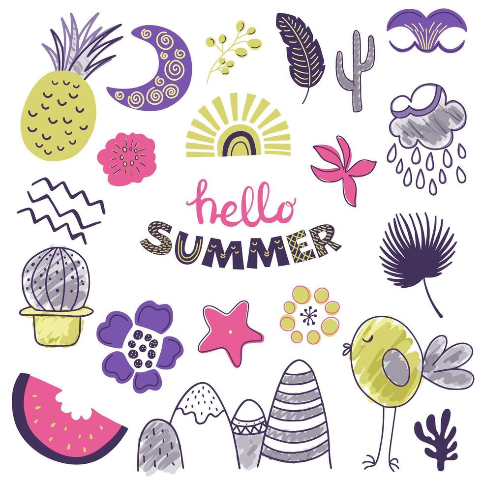 Summertime doodles. Hand drawn summer set of doodle. Travel collection. vector