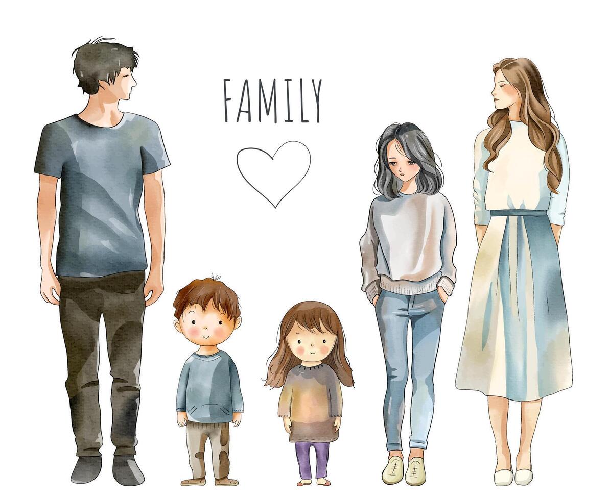 acuarela familia es de pie. padres y niños aislado. ilustración mujer, hombre, niños vector