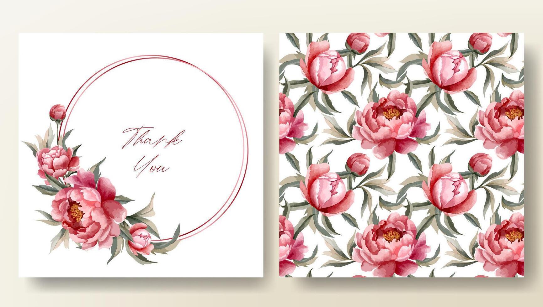 Set of greeting card and seamless pattern with watercolor peonies, wedding invitation. Peony frame. vector