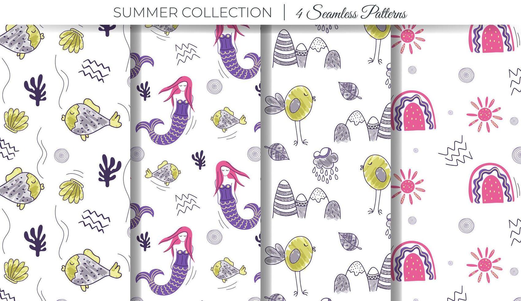 conjunto de verano garabatear antecedentes con sirena, arcoíris, pájaro y pez. linda sencillo infantil modelo vector