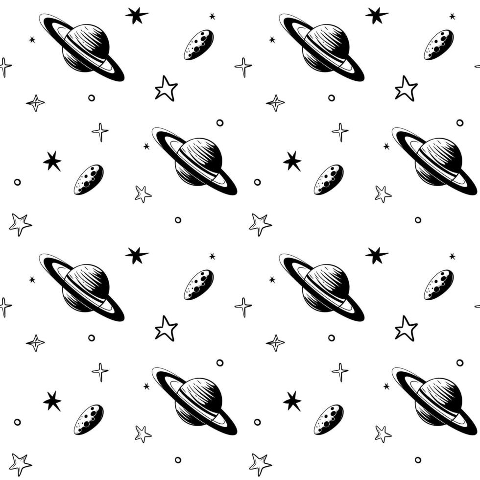 Monochrome seamless pattern with meteor and planet. Space background. Space elements. vector