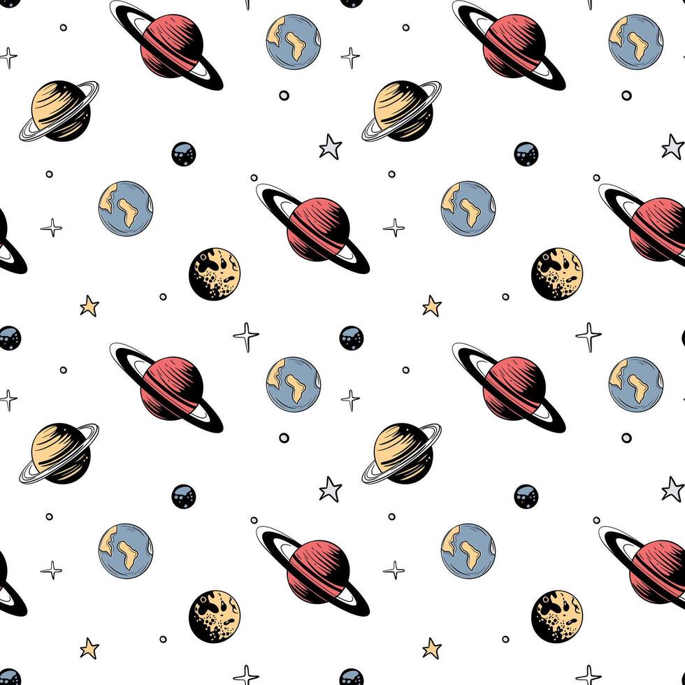 Space background. Seamless pattern with space elements. Hand drawn planets and stars. vector