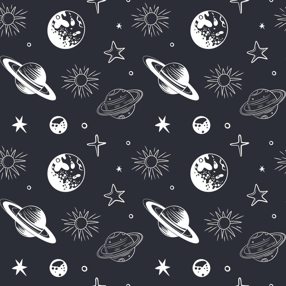 Monochrome seamless pattern with planets and stars. Space background. Hand drawn space elements. vector