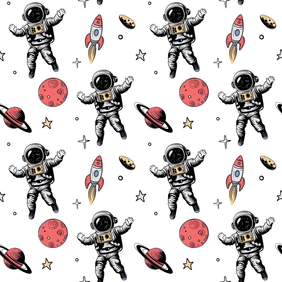 Seamless pattern with space elements. Space backgrounds. Hand drawn astronaut planets and stars. vector