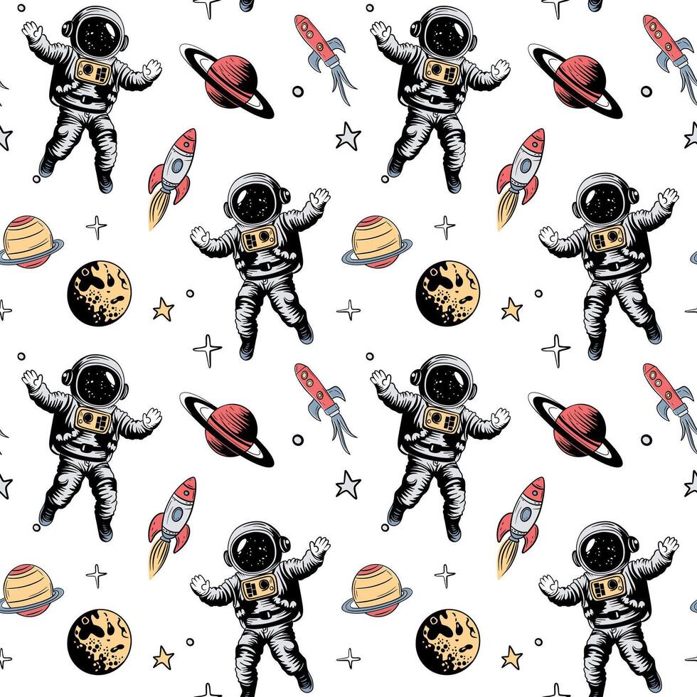 Space backgrounds. Seamless pattern with space elements. Hand drawn planets stars and astronaut. vector