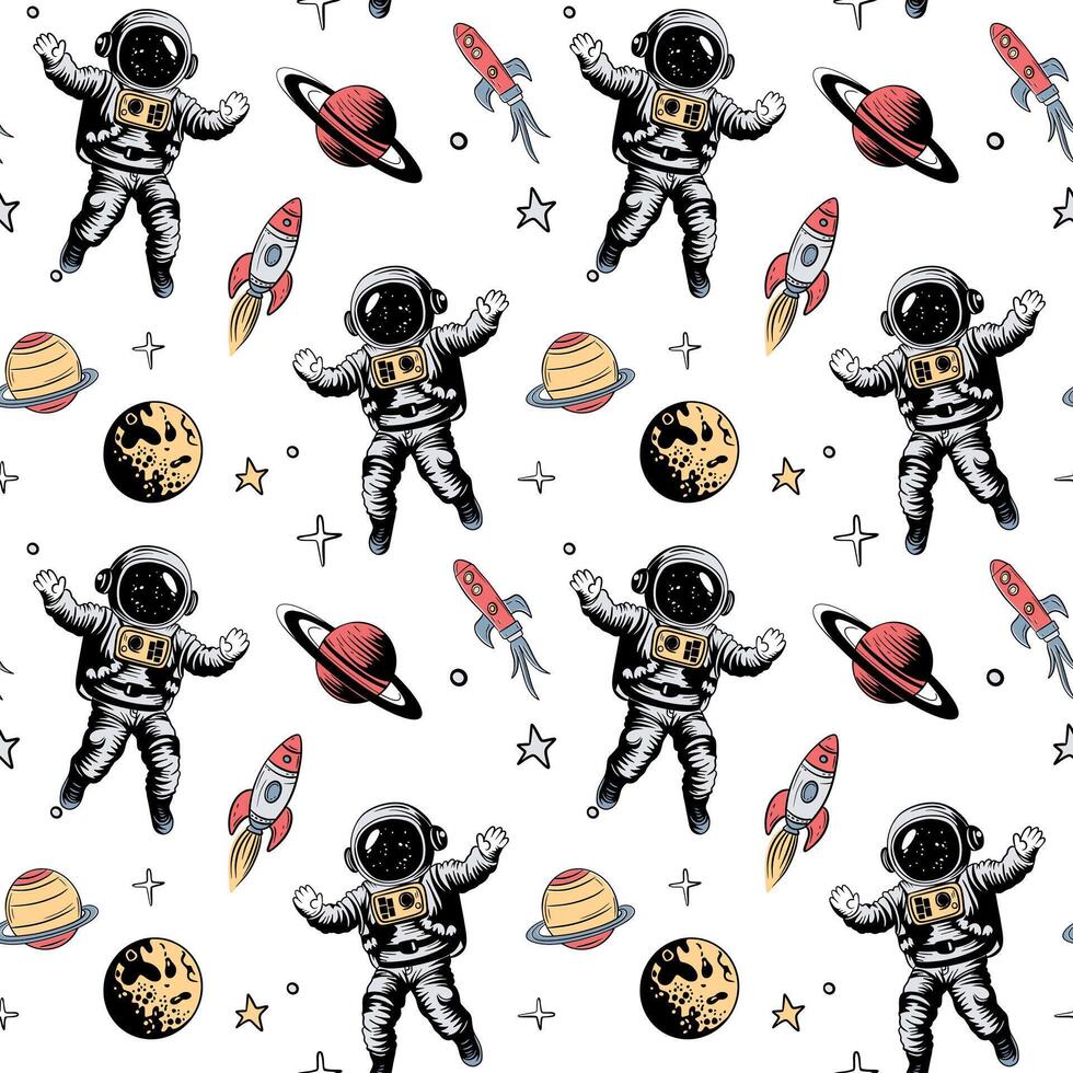 Space backgrounds. Seamless pattern with space elements. Hand drawn planets stars and astronaut. vector