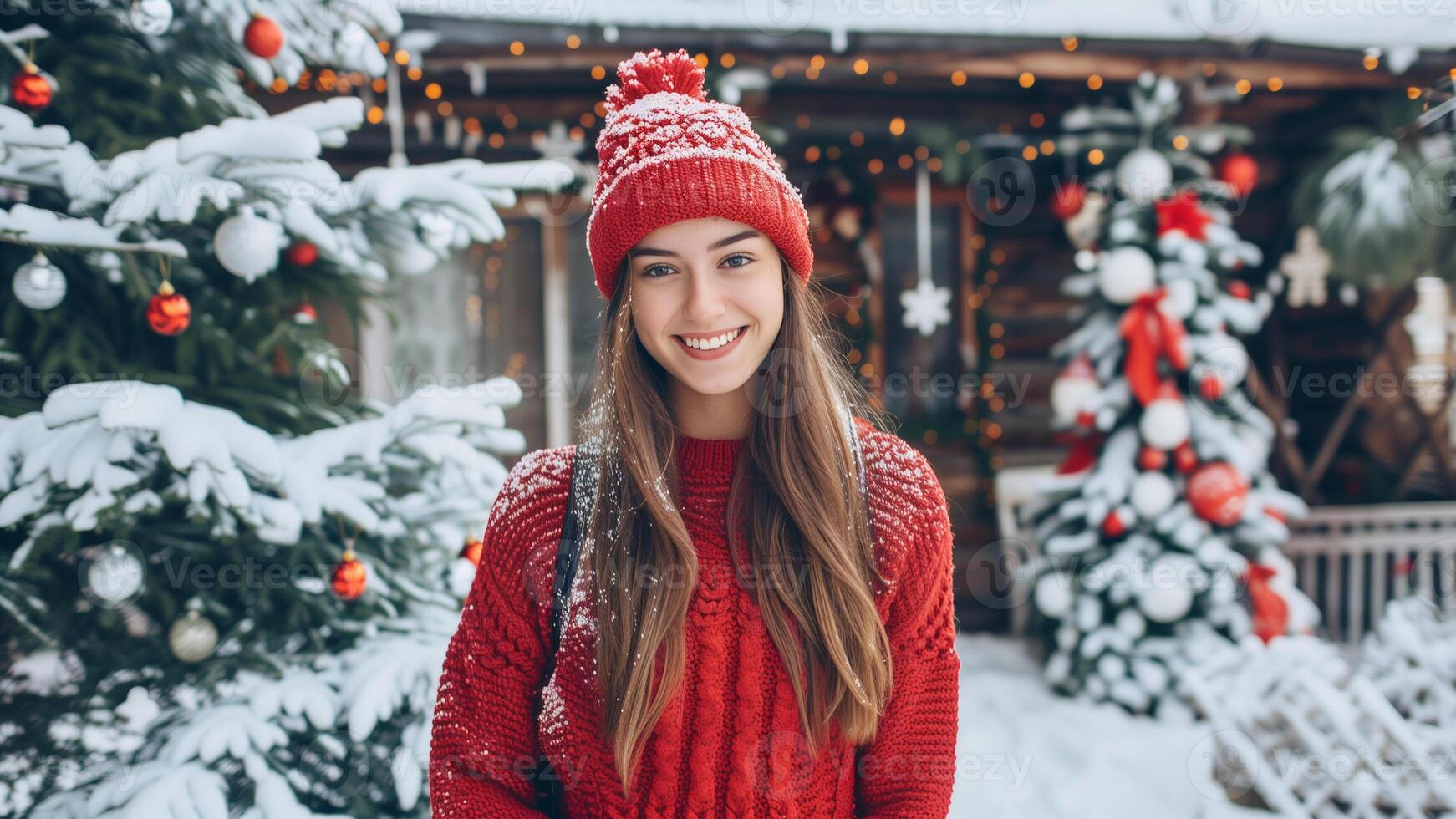 Portrait of a beautiful young woman in a red sweater and hat on the background of a Christmas tree. photo
