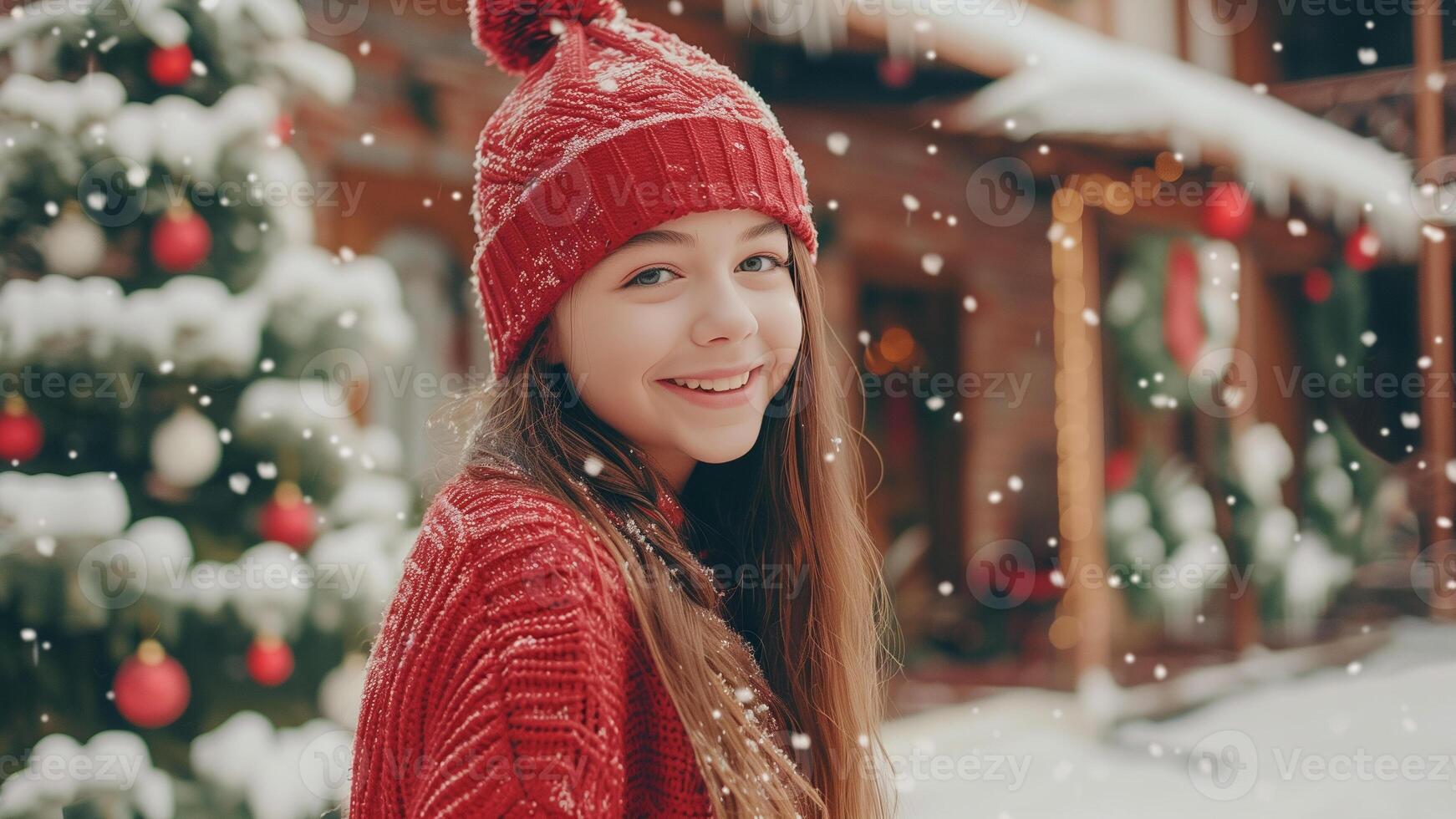 Portrait of a beautiful young woman in a red sweater and hat on the background of a Christmas tree. photo