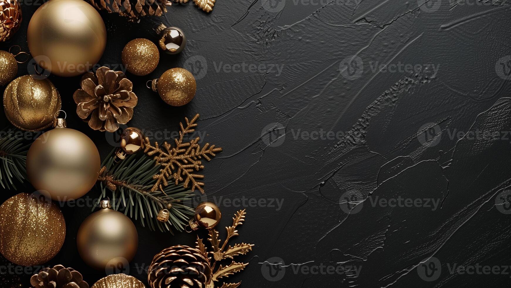 Christmas background with golden decorations on black. Top view with copy space photo