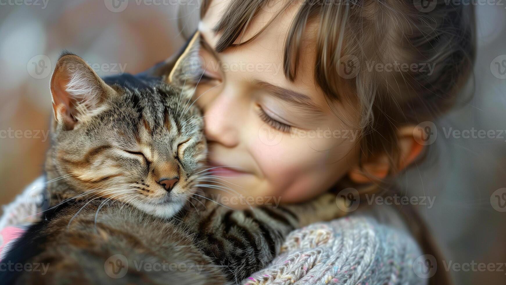 Cute little girl hugging her cat. Selective focus on cat. photo