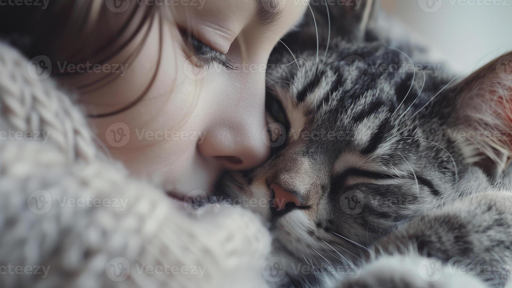 Cute little girl hugging her cat. Selective focus on cat. photo