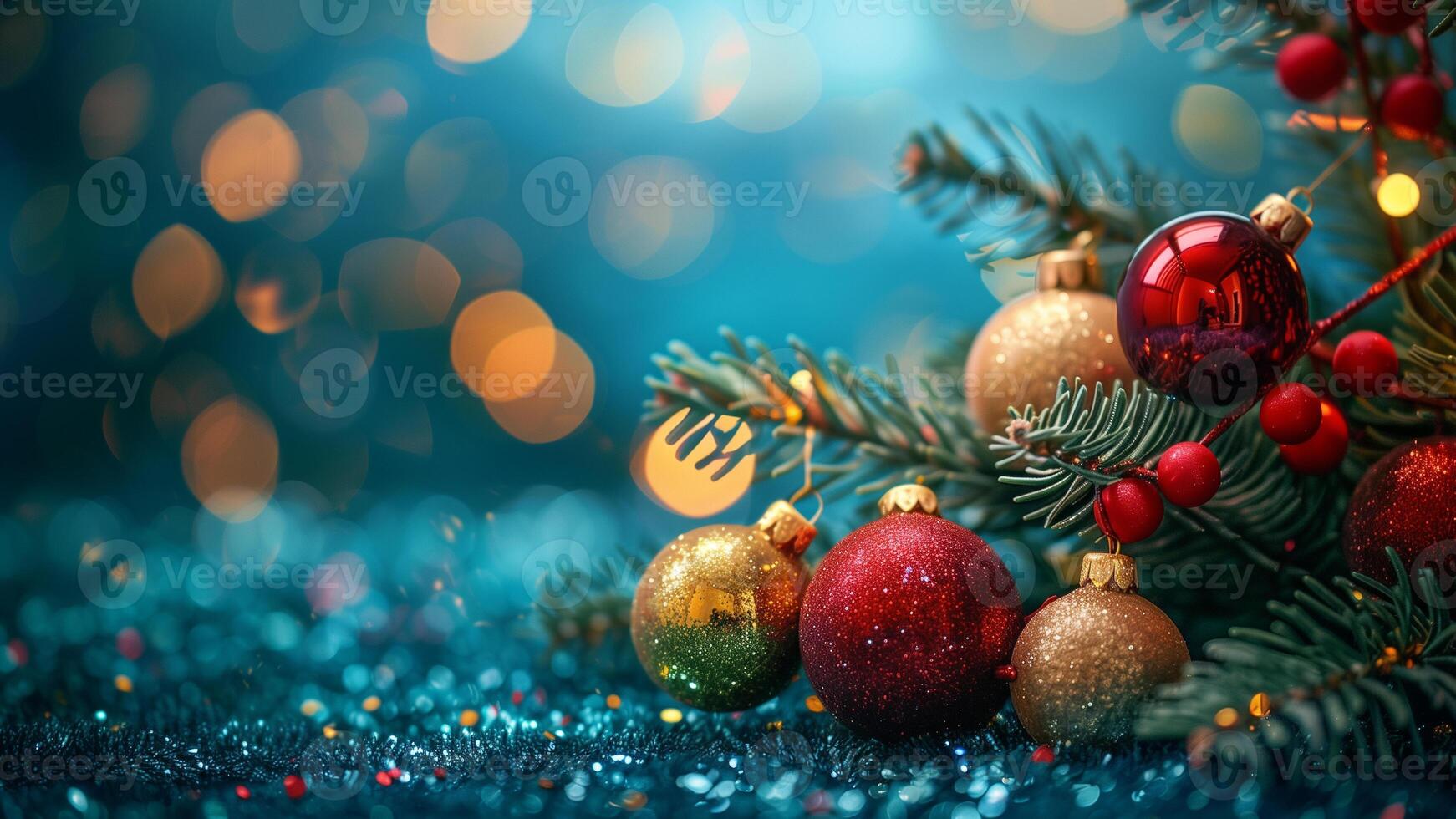 Christmas tree with decorations on a blue background. New Year concept. photo