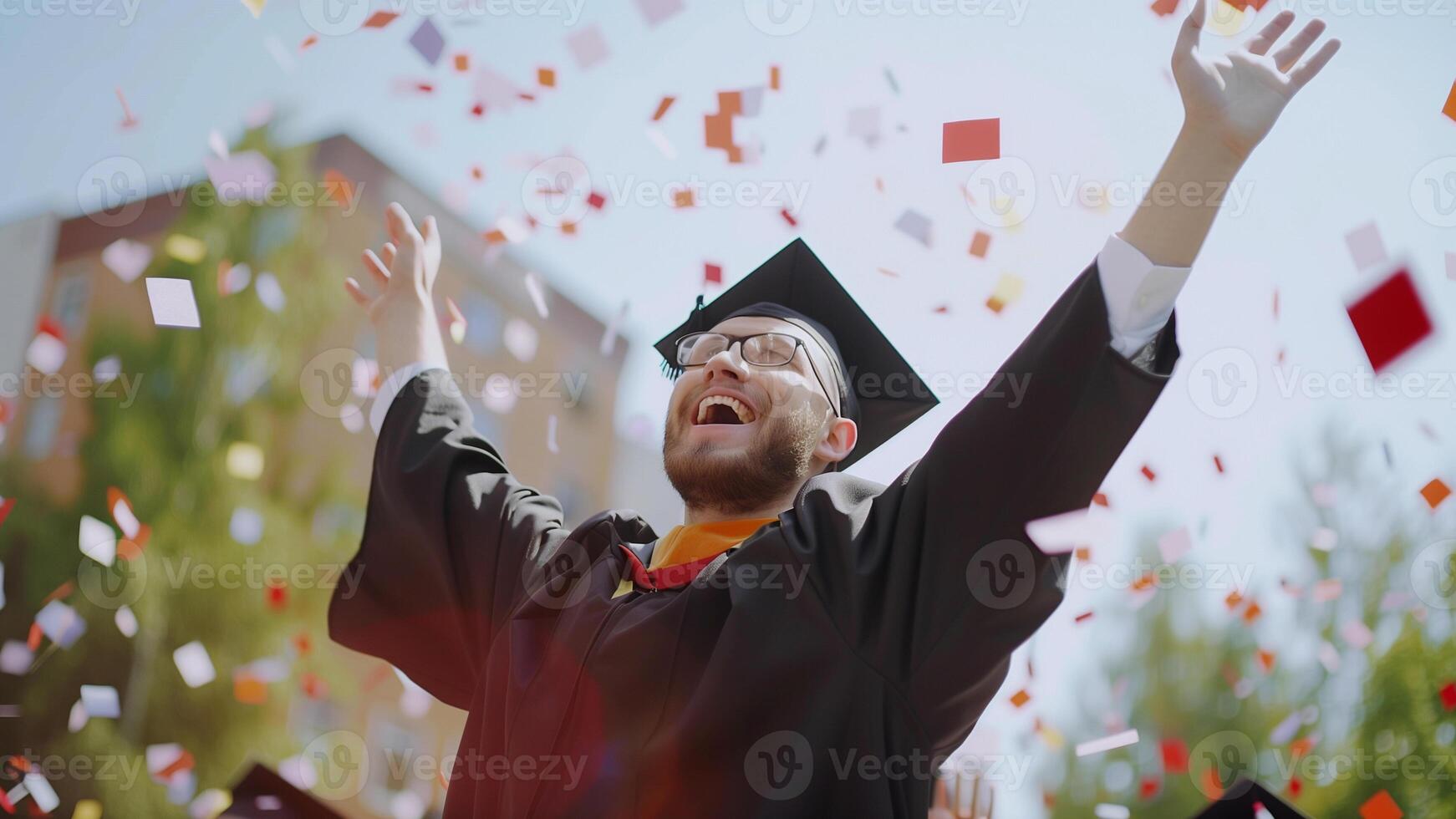Happy graduate throwing confetti in the air on a background of the city photo