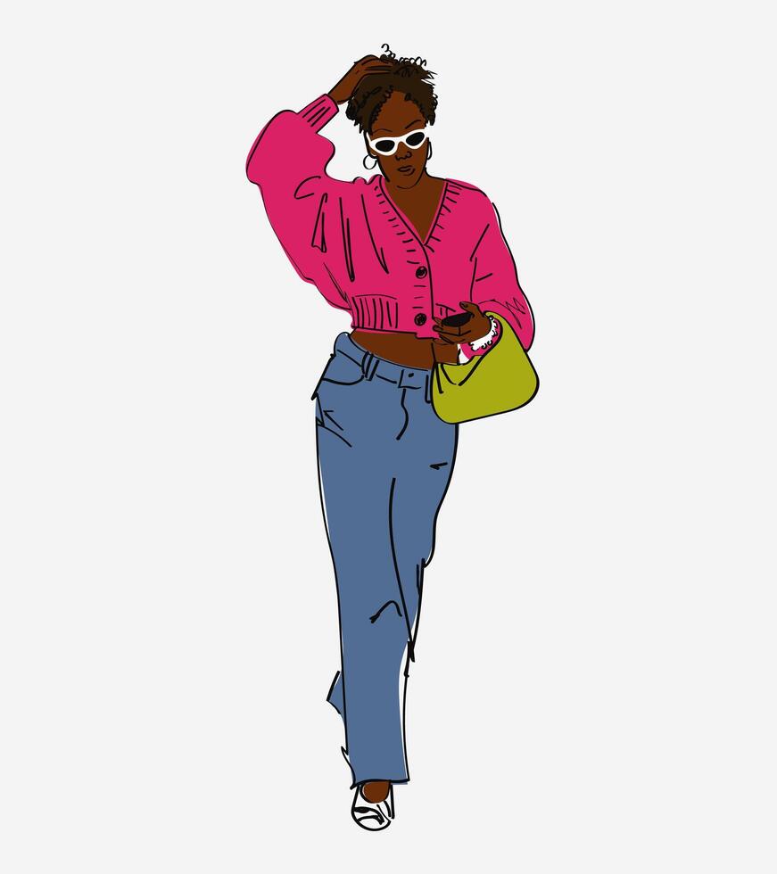 Fashion illustration of a beautiful young black woman in a casual outfit. Fashion illustration vector