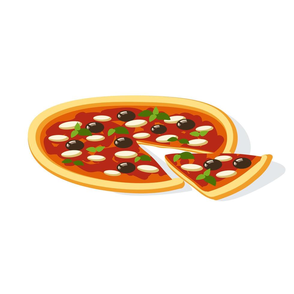 Pizza sliced with mozzarella, olives and tomatoes vector