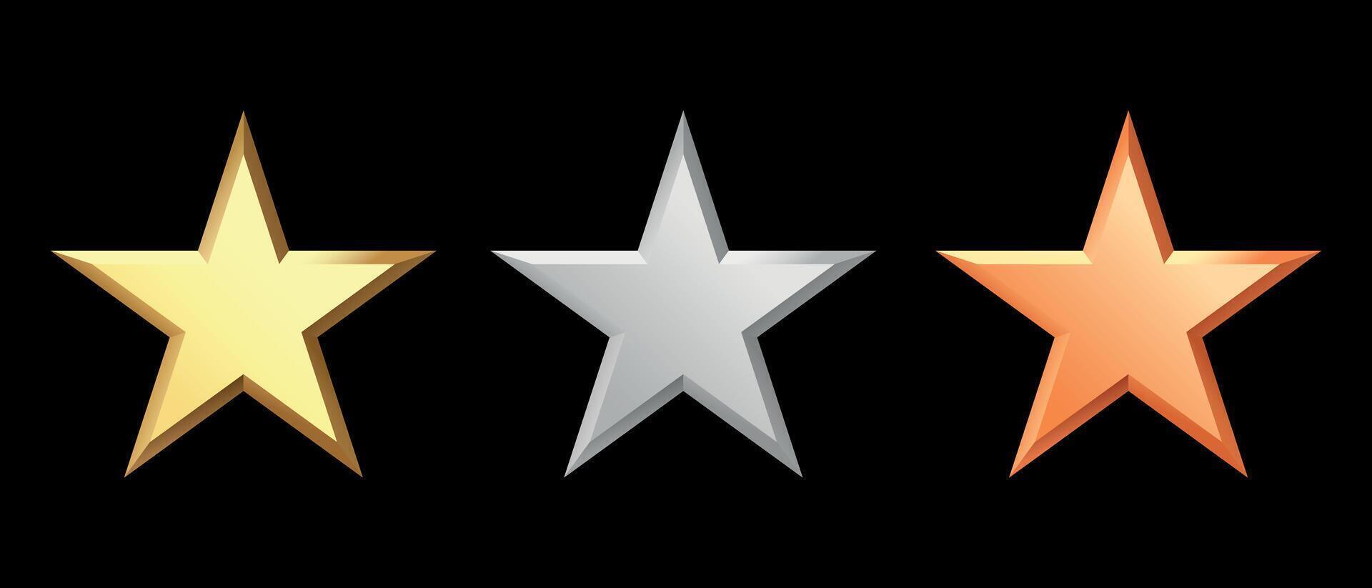 Golden, bronze, silver glossy metallic stars 3d realistic style. 1, 2, 3 place symbols. vector