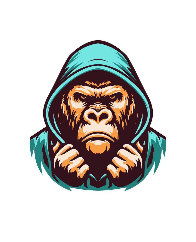 Angry gorilla wearing hoodie ready to fight, retro vintage color, white background, logo, emblem, t shirt, artwork hand drawn illustration vector
