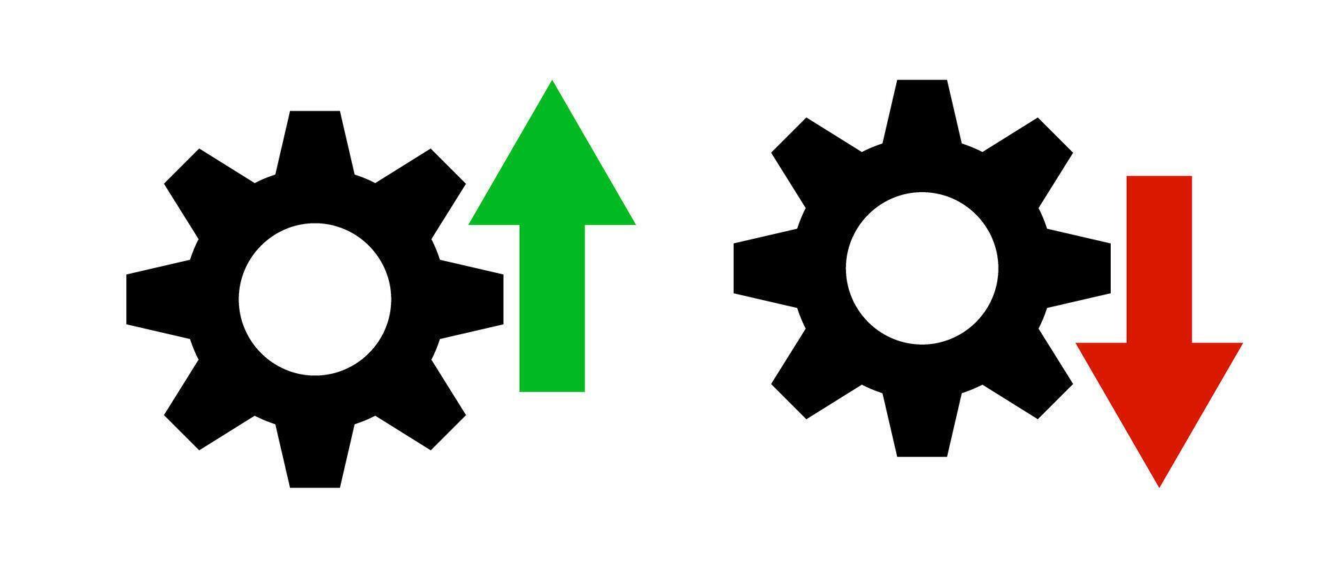 Increased and decreased productivity icon set. Arrows and gear icons. s. vector