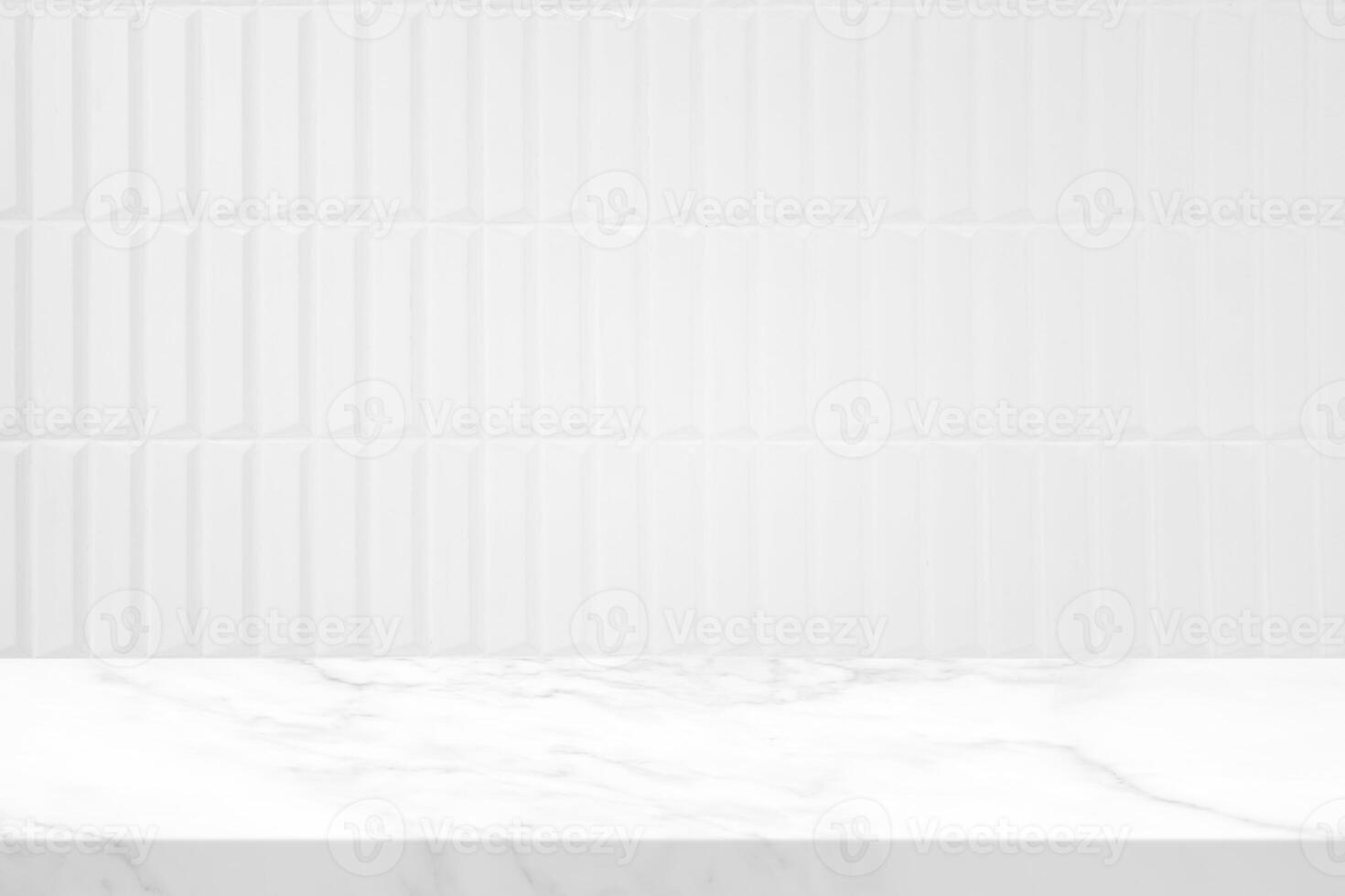 Abstract Luxury White Marble Table with Kitchen Wall Tiles Texture Background. photo