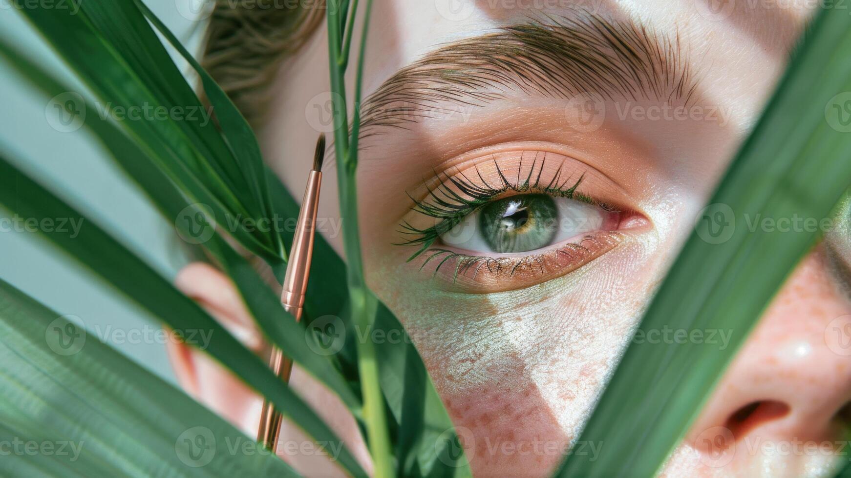 Portrait of a make up eye amidst green botanicals. . photo