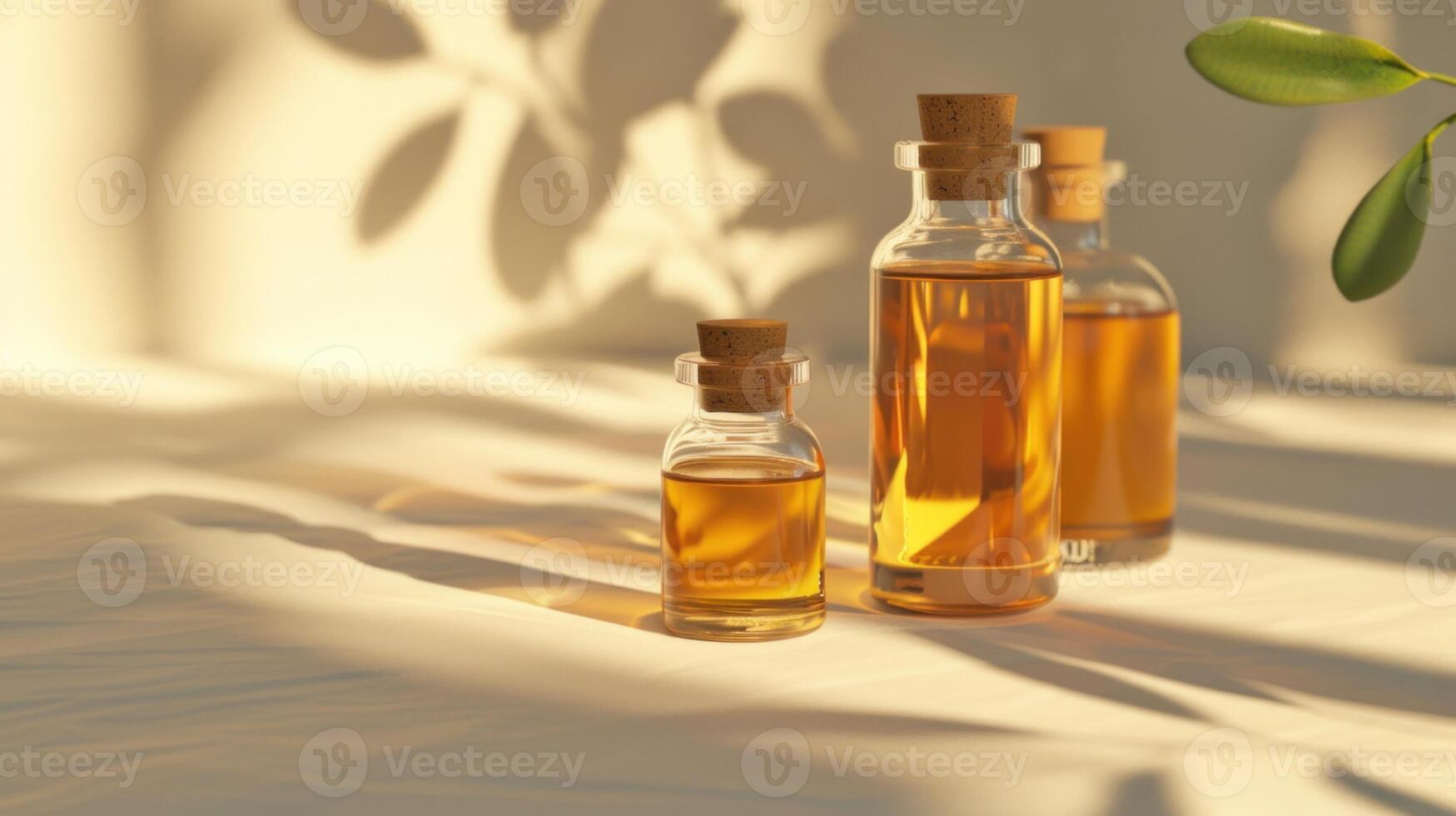 Essential oil bottles illuminated by natural light. . photo