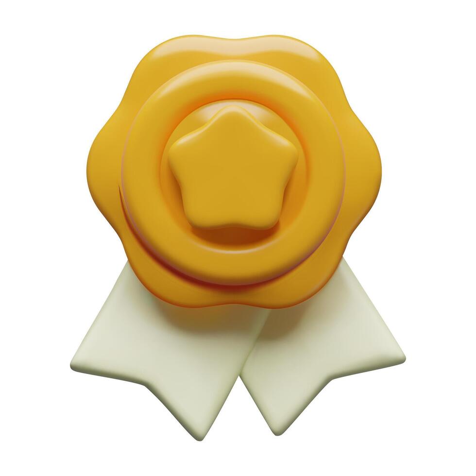 Gold medal 3d render with star and white ribbon three dimensional winner badge icon or quality sign vector