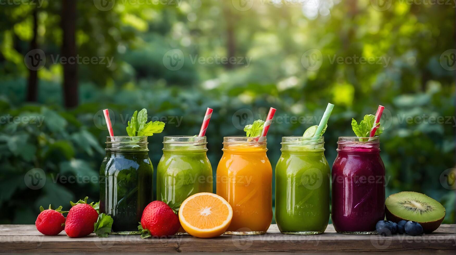 detox cocktail, smoothie for weight loss from fruits and vegetables against the backdrop of nature photo