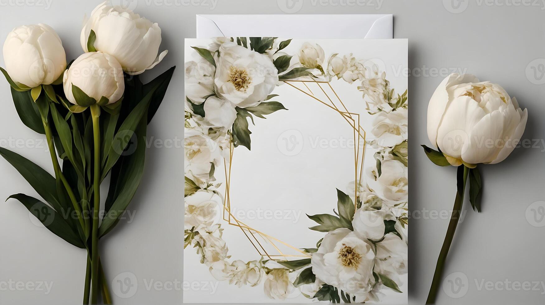 Wedding invitation mockup with white peonies, blank sheet of paper with copy space photo